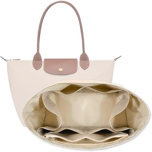 Waterproof Premium Nylon Purse Organizer Insert for Longchamp Le Pliage Tote Bag (Beige, Large)