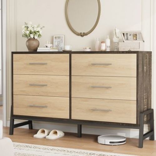 6 Dresser For Bedroom, 52" Wide Dresser, Wide Drawer Dresser With Storage Freestanding, Wooden Closet Dresser Storage For Bedroom