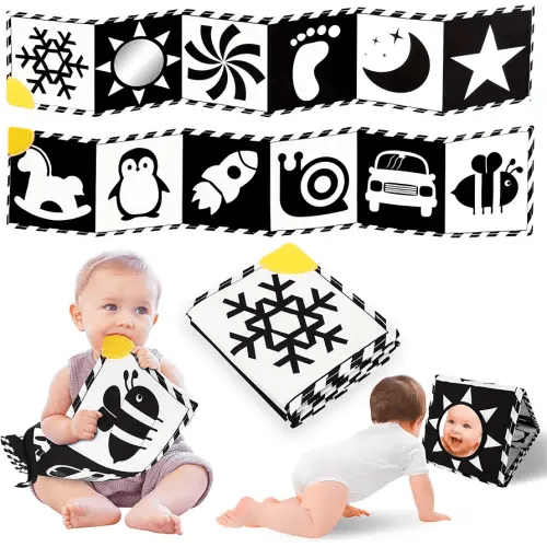 Newborn Toys, High Contrast Baby Books with Teether, Black and White Baby Toys, Montessori Toys 0-6-12 Months Brain Development, Sensory Learning Activities Gift, Tummy Time Toys