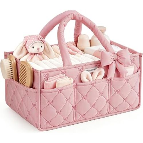 Blissful Diary Baby Diaper Caddy Organizer, Nursery Basket, Bow Light Pink