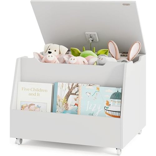 Costzon Kids Toy Box, Wooden Mobile Toy Storage Organizer with Bookshelf & Lockable Wheels for Girls Boys, Toy Storage Chest Bench for Toddler Room, Playroom, Bedroom, Living Room, Nursery
