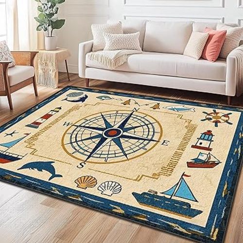 Vintage Nautical Compass Area Rugs 5x8ft,Navigation Adventure Theme Washable Mats,Cute Whale Lighthouse Sailboat Graffiti Vintage Carpet for Bedroom Living Room Kitchen
