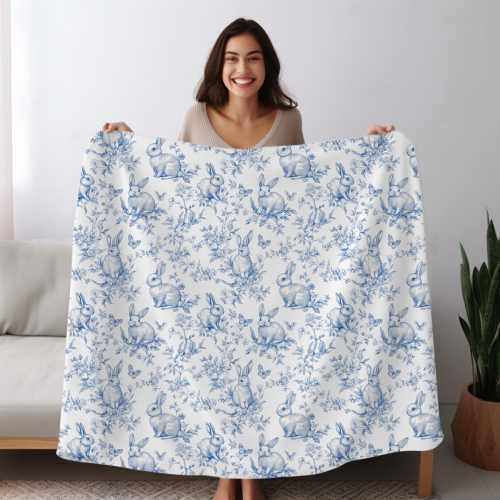 Vintage Chinoiserie Bunny Blanket, Blue Toile Rabbit Throw, Soft Plush Easter Blanket, Cottagecore Spring Decor Gift