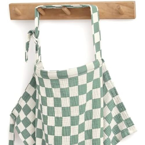Blissful Diary Muslin Nursing Cover for Breastfeeding, Breathable Breastfeeding Cover up with Arch Neckline for Women, Nursing Apron (Sage Checkboard)