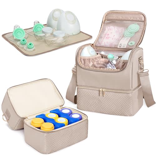Fasrom Breast Pump Bag with Cooler Compartment Compatible with Momcozy, Medela and Willow Hands Free Pump, Pumping Tote with Waterproof Mat, Camel