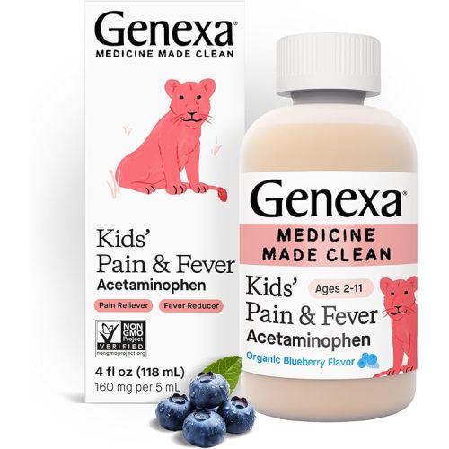 Genexa Kids’ Pain and Fever Reducer | Childrens Acetaminophen, Dye Free, Liquid Oral Suspension Medicine | Delicious Organic Blueberry Flavor | 160 mg per 5mL | 4 Fluid Ounces