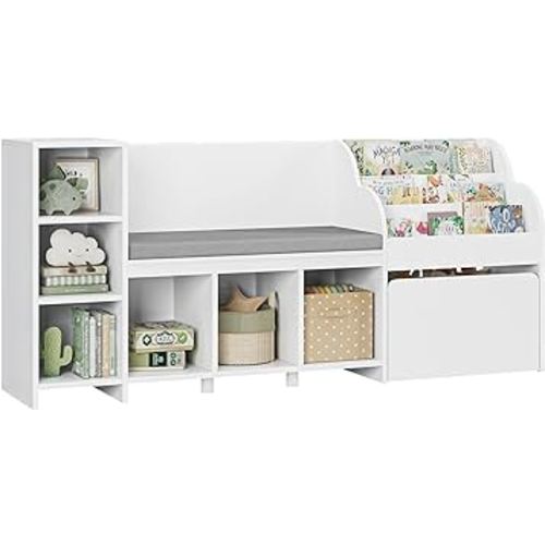 HOSTACK 67" Kids Reading Nook with Bench, Kids Bookshelf and Bookcase with Seat Cushion and 6 Storage Cubbies, Toy Storage Box on Wheels, Toy Chest for Playroom, Bedroom, School, White