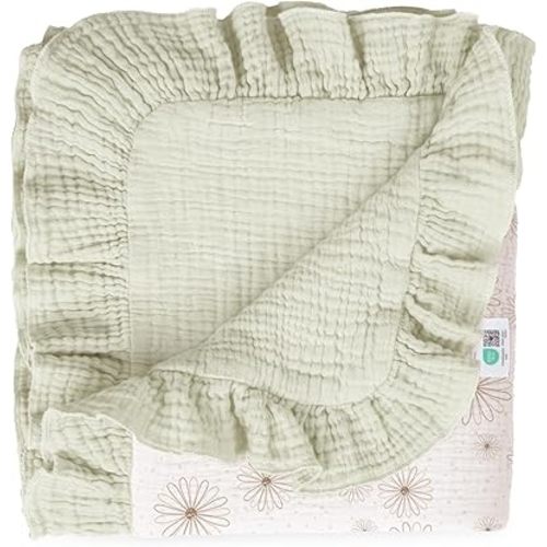 Ruffle Muslin Baby Blanket: Soft Breathable Cotton Crib Blanket for Newborn Girls - Lightweight Receiving Wrap for Stroller & Photography Backdrop 40"x36"(Daisy)
