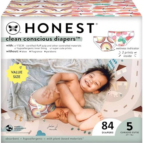 The Honest Company Clean Conscious Diapers | Plant-Based, Sustainable | Wingin' It + Catching Rainbows | Super Club Box, Size 5 (27+ lbs), 84 Count - Size 5 (84 Count)