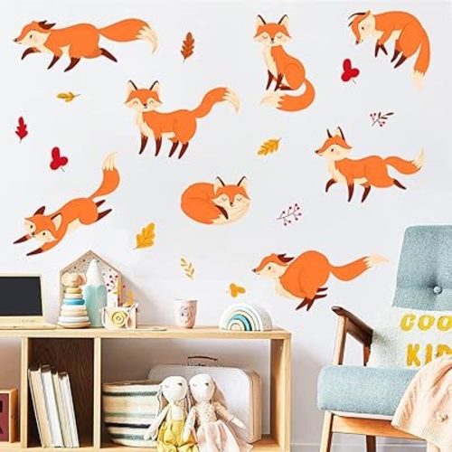 Cute Fox Wall Decals DIY Animal Foxes Pine Leaves Wall Stickers Peel & Stick Bedroom Playroom Baby Nursery Kids Room Wall Decor Art Decoration