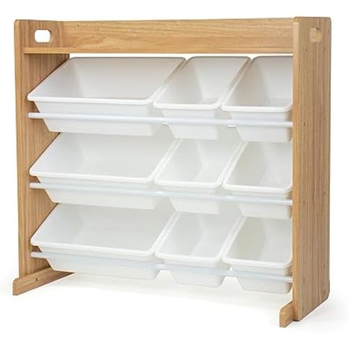 Humble Crew Toy Storage Organizer with 9 Removable Storage Bins for Kids Playroom, 3-Tier with Top Shelf Toddler Toy Organization, Natural Wood/White
