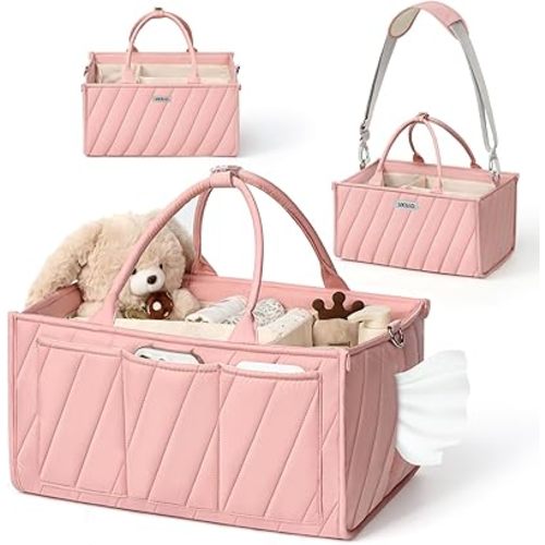 Diaper Caddy Organizer for Baby Essentials – Soft Blush Pink Storage Basket with Compartments, Shoulder Strap & Stroller Hooks – All-in-One Multifunctional Diaper Storage Tote for Nursery & Car