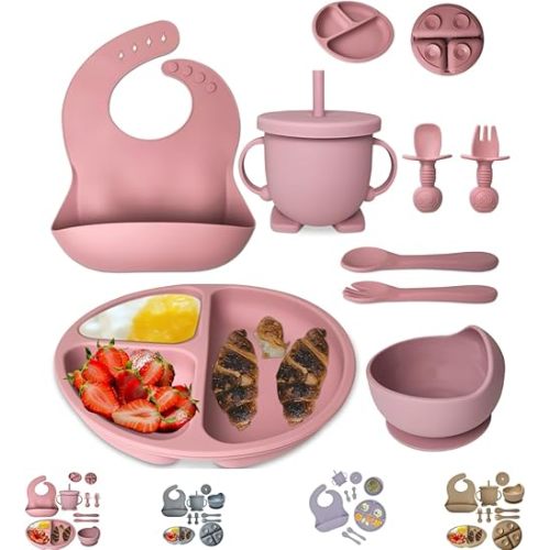 Baby Feeding Supplies 8-Piece | Baby Led Weaning Utensils Set Includes Suction Bowl and Plate, Spoon and Fork, Sippy Cup with Straw and Lid (Peach Pink)