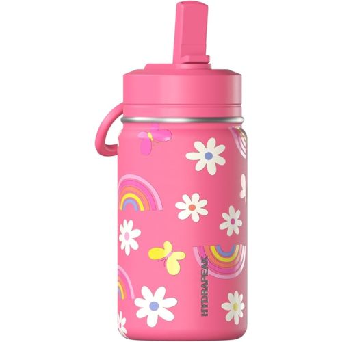 Hydrapeak Mini 14oz Fun Sticker Print Water Bottle with Straw Lid, Stainless Steel Double Wall Insulated, Leak-Proof and Spill-Proof, Rainbow Daisy-Hot Pink