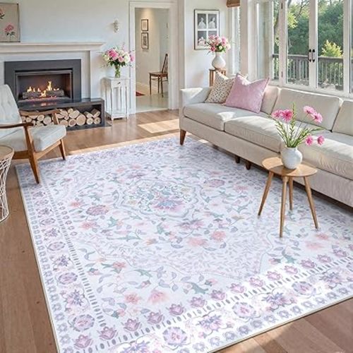 Wonnitar Floral Purple Rug for Bedroom, 8x10 Washable Rugs for Nursery Girls, Boho Low Pile Soft Non Slip Carpet for Dorm Living Room Playroom Home Decor, Pale Purple