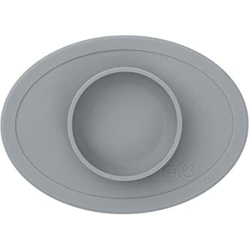 ezpz Tiny Bowl - 100% Silicone Suction Bowl with Built-in Placemat for First Foods + Baby Led Weaning - Fits on All Highchair Trays - 4 Months+ (Gray)
