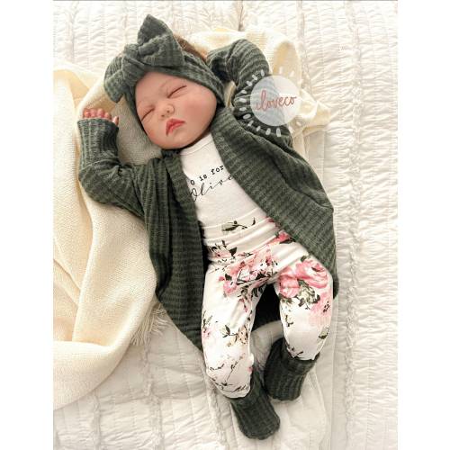 Handmade Baby Girl Outfit / Olive Waffle Cardigan / coming home Outfit / Baby Girl Gift / Handmade hospital outfit / Cardigan