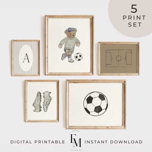 Neutral Soccer Nursery 5 Print Set Monogram Boys Room Bear Print Vintage Beige Sport Poster Boy Room Art Teddy Soccer Boys Playroom Wall Art