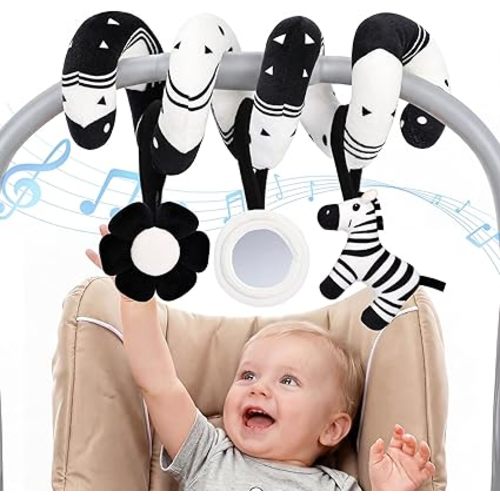 URMYWO Spiral Car Seat Baby Toys 0-6 Months, High Contrast Black and White Sensory Toys for Newborn, Infant Hanging Stroller Toy with Zebra Rattle, Squeaky Flower & Mirror, Shower Gift Essentials