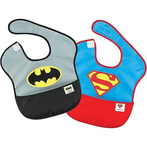 Bumkins Bibs for Girl or Boy, SuperBib Baby and Toddler for 6-24 Months, Essential Must Have for Eating, Feeding, Baby Led Weaning, Mess Saving Catch Food, Waterproof Soft Fabric, 2-pk Superman