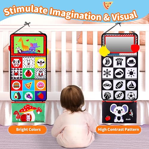Baby Mirror Tummy Time Toys 0-3 3-6 Months Sensory Crinkle Cloth Baby Books Black and White High Contrast Baby Toys for Newborn Infant Montessori Car Seat Teething Toys 0-6 6-12 Month Boys Girls Gifts
