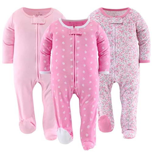 The Peanutshell Sleep n Play Floral Love Footed Pajamas for Baby Girls Set, 3-6 Months, 3-Pack