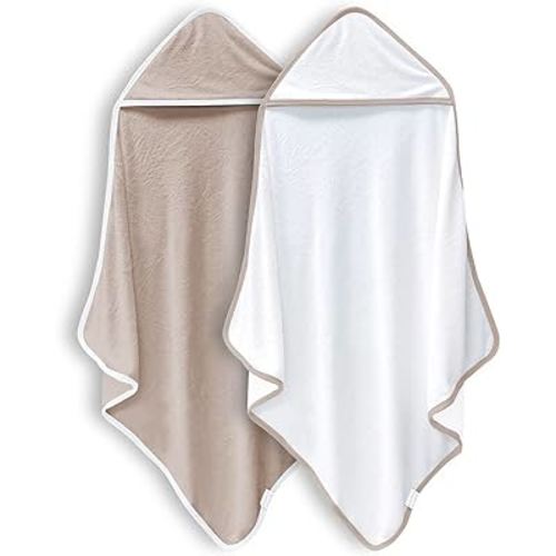 BAMBOO QUEEN 2 Pack Baby Bath Towel - Rayon Made from Bamboo, Ultra Soft Hooded Towels for Babies,Toddler,Infant - Newborn Essential -Perfect Baby Registry Gifts (White and Brown, 30 x 30 Inch)
