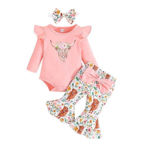 NOLDARES Baby Girl Clothes Ruffle Short Sleeve Romper Long Pants Set with Headband Outfits,Pink,0-3 Months