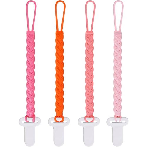 4 Pcs Pink Baby Silicone Teething Pacifier Clip,One-piece Design,Woven Shape,BPA Free.