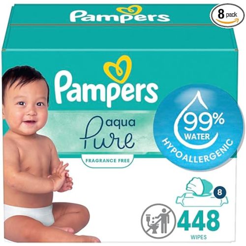 Pampers Baby Wipes Aqua Pure, 99% water-based wipes, Hypoallergenic and Unscented Baby Wipes, 448 Wipes Total (8 Flip-Top Packs)