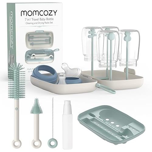 Momcozy Bottle Brush Set - Baby Bottle Cleaner Kit with Silicone Brush, Nipple Brush, Straw Brush, Soap Dispenser, Drying Rack - 7 in 1 Bottle Cleaning Tool for Home and Travel