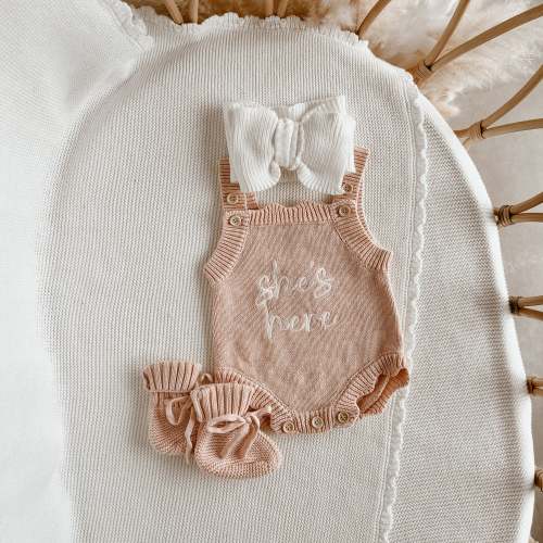 'She's Here' Singlet Romper & Topknot Bundle - Pink Lemonade
