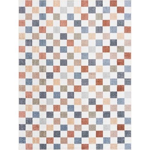 Alia Colorful Modern Checkered Area Rug - Contemporary Geometric Carpet for Hallway, Nursery, Girls Boys Room - Machine Washable - White, Blue, Peach, Rust - 5'3" x 7' (5x7)