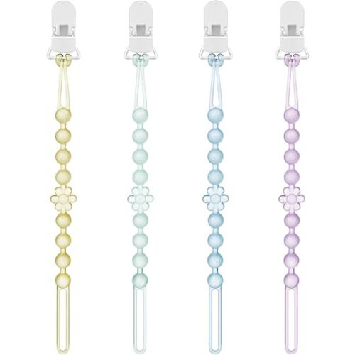 Silicone Pacifier Clip Holder with One-Piece Beads, 4 Packs Soft Flexible and Rust-Free Binky Pacifiers Clips for Teething Relief Baby Essentials Accessories, Safe for Boy and Girl