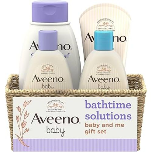 Aveeno Baby Bathtime Solutions Baby & Me Gift Set with Baby Wash & Shampoo, Calming Baby Bath, Baby Daily Moisturizing Lotion & Stress Relief Body Wash for Mom, Oatmeal, 4 Items