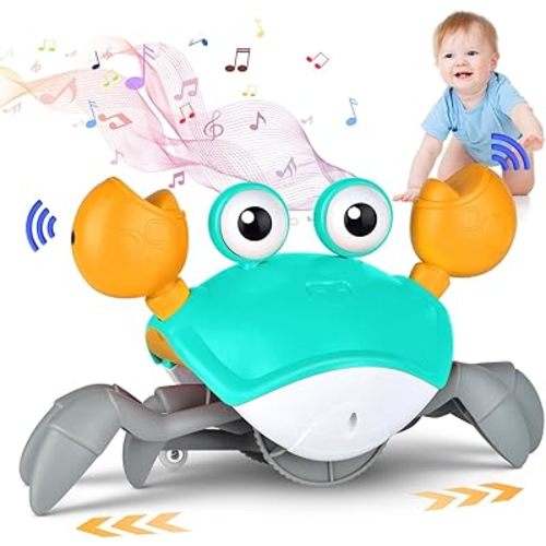 Crawling Crab Baby Toy, Infant Tummy Time Baby Toy Walking Moving Crab Toy with Music & Automatic Obstacle Avoidance Function, Baby Interactive Learning Toy（Includes Battery, Meets IC Certification）