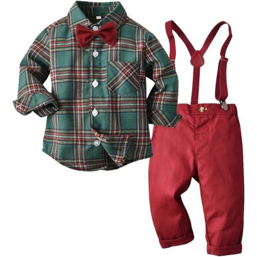 Toddler Dress Suit Baby Boys Gentleman Clothes Sets Bow Ties Shirts + Suspenders Pants Outfits - Green - 6-12 Months