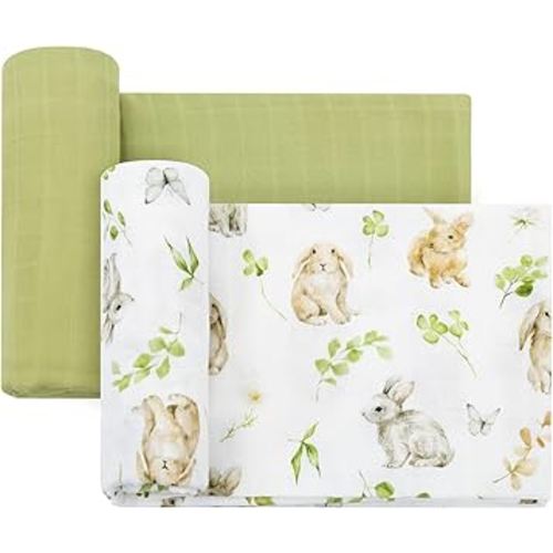 LifeTree Baby Swaddle Blankets, Boys Girls Muslin Swaddling Wrap Receiving Blanket for Newborn, 70% Viscose from Bamboo and 30% Cotton, Large 47" x 47", Rabbit and Grass Green Pattern