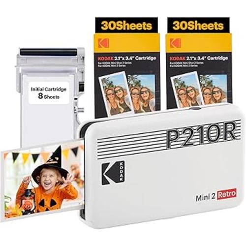 KODAK Mini 2 Retro 4PASS Portable Photo Printer (2.1x3.4 inches) Initial 8 Sheets + 60 Sheets Bundle, White