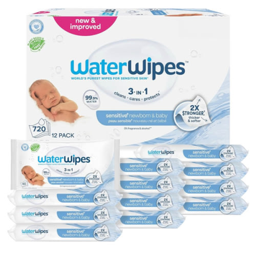WaterWipes Sensitive+ Newborn & Baby Wipes, 3-In-1 Cleans, Cares, Protects, 99.9% Water, Unscented & Hypoallergenic, 720 Count (12 Packs)