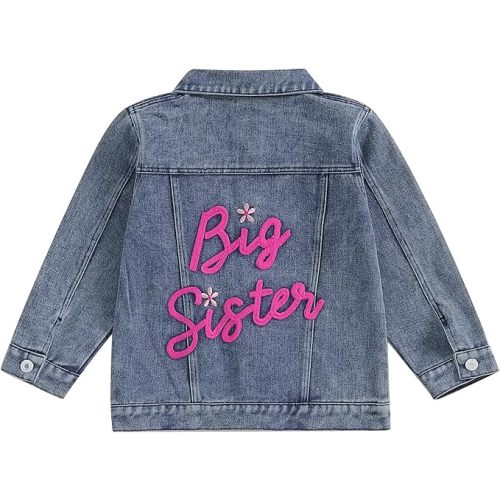 Toddler Baby Girl Jacket Big Lil Sister/Brother Letter Embroidery Jean Long Sleeve Cardigan Button Denim Coat