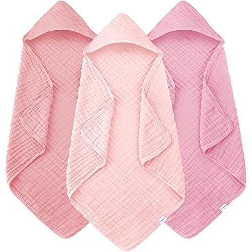 Muslin Hooded Baby Bath Towels - 3 Pack 100% Cotton Ultra-Soft Towels for Newborns, Infants, Toddlers - 32x32 Inch - Highly Absorbent, Quick-Dry Essentials for Bath Time, Beach, Pool, Sakura Series