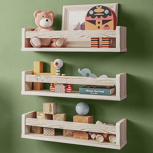 NATURE SUPPLIES Set of 3, 16.4 inch Nursery Book Shelves Made of Solid Wood for Books, Toys, Decor, Wall Kids Bookshelf, Floating Shelf, Ideal Storage for Nursery or Playroom Organization,Whitewashed