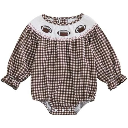 Karuedoo Infant Toddler Baby Girl Football Outfit Plaid Football Embroidery Long Puff Sleeve Smocked Bubble Romper Bodysuit