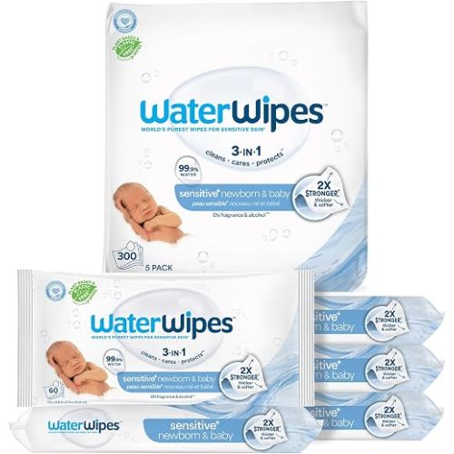 WaterWipes Sensitive+ Newborn & Baby Wipes, 3-In-1 Cleans, Cares, Protects, 99.9% Water, Unscented & Hypoallergenic, 300 Count (5 Packs)