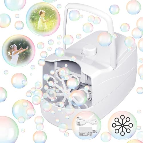 Bubble Machine Automatic Bubble Blower, 10000+ Bubbles Per Minute with 2 Speeds, 8 Wands Bubble Maker, Plug-in or Batteries Bubbles Summer Toys for Outdoor Indoor Party Birthday (White)