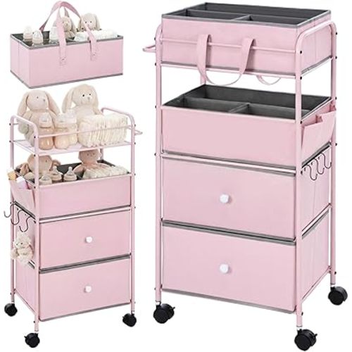 FoldTier 3In1 Baby Diaper Caddy Organizer Cart 4 Tier Large Capacity Metal Utility Bedside Rolling Cart with Divider Newborn Registry Nursery Essential Must Have Bedroom Gift Baby Shower(Pink)