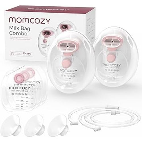 Momcozy Wearable Milk Collection Cups with Storage Bags (5 oz), Direct-to-Bag Breast Milk Bag Combo, Breast Pump Parts for Momcozy V1/V2 Pump & Most Electric Breast Pumps, 2 Pack