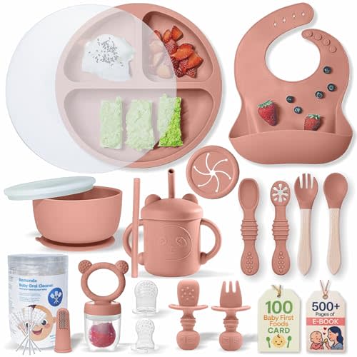 Remonda 23-Piece BPA-Free Silicone Baby Feeding Set | Extra Large Suction Plates, Toddler Bowls, Self Feeding Spoons, and More | Dishwasher Safe| Baby Led Weaning Supplies (Orange)C1
