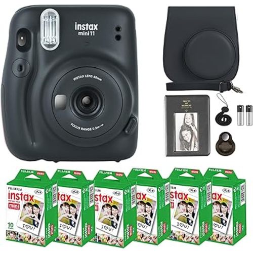 Fujifilm Instax Mini 11 Camera with Fujifilm Instant Mini Film (60 Sheets) Bundle with Deals Number One Accessories Including Carrying Case, Selfie Lens, Photo Album, Stickers (Charcoal Gray)